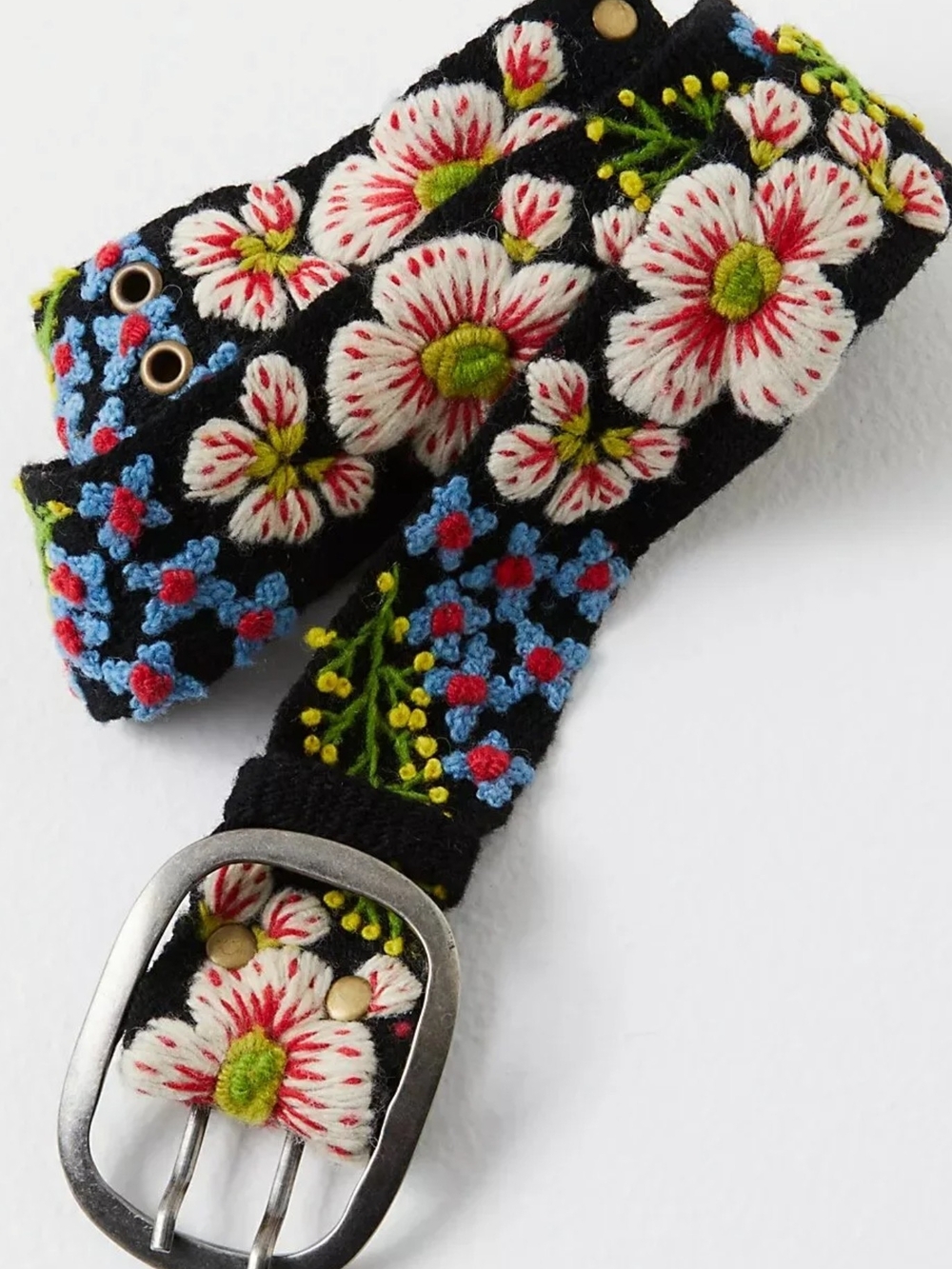 Jenny Krauss Floral Embroidered Black Belt with Multicolor Blooms